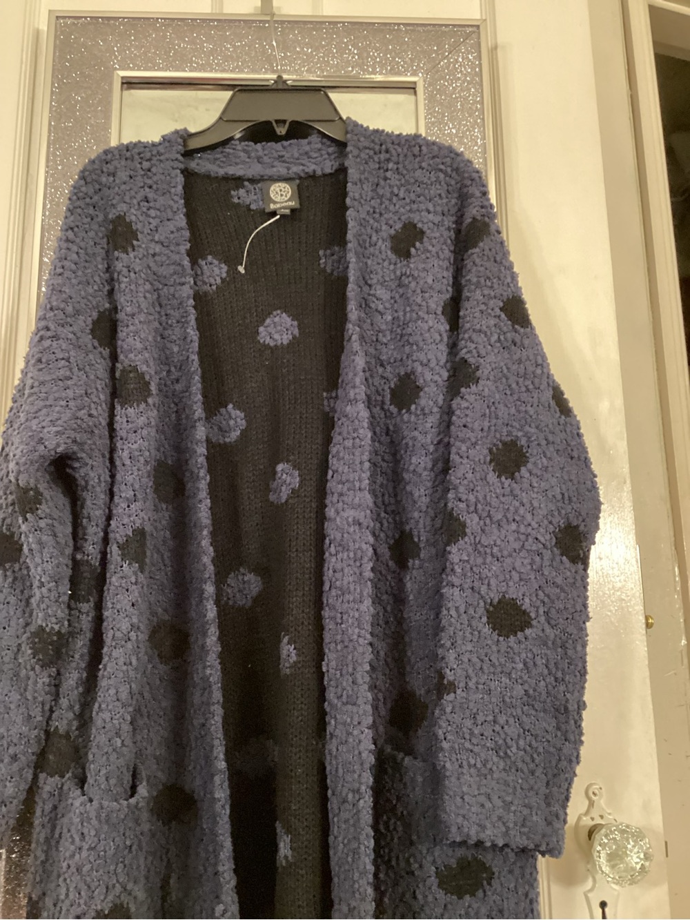 bobeau Navy Blue Open Cardigan with Black Polka Dots
